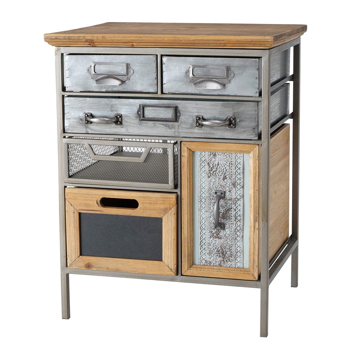 WHW Whole House Worlds Industrial Chic Multi Drawer Nightstand, 3 Drawers and 3 Utility Bins, Reclaimed Vintage Style, Iron, Screening, Galvanized Metal, Wood, 21.75 Inches Tall (55 cm)