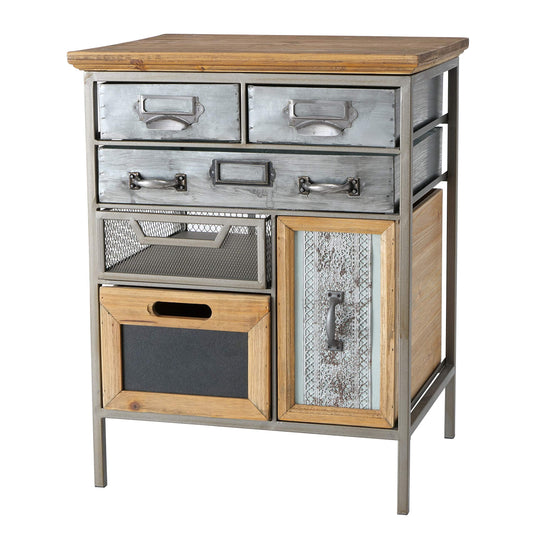 WHW Whole House Worlds Industrial Chic Multi Drawer Nightstand, 3 Drawers and 3 Utility Bins, Reclaimed Vintage Style, Iron, Screening, Galvanized Metal, Wood, 21.75 Inches Tall (55 cm)