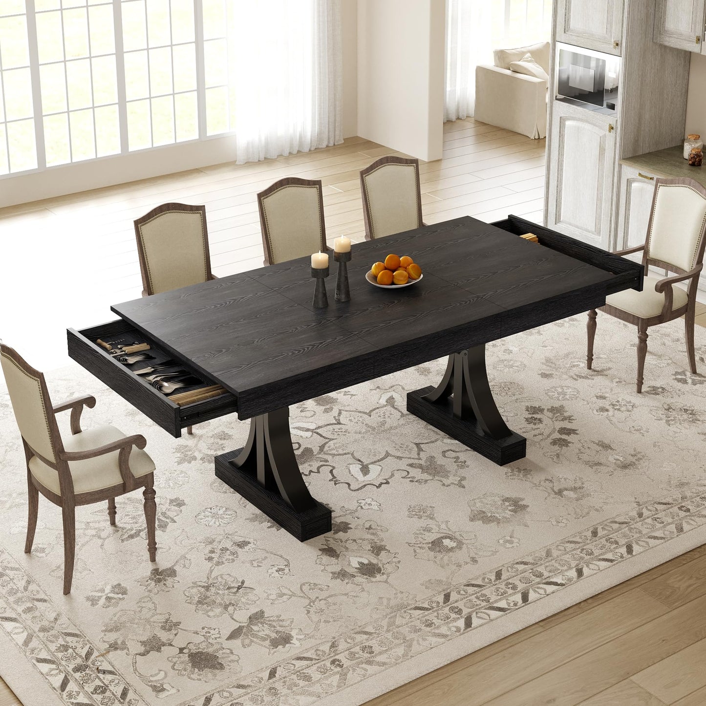 GarveeHome Dining Table for 6-8 with 2 Drawers,71-Inch Industrial Dining Table with Large Tabletop & Sturdy Frame, Rectangular Wooden Kitchen Table with Double Pedestal, for Dinner， Rustic Black