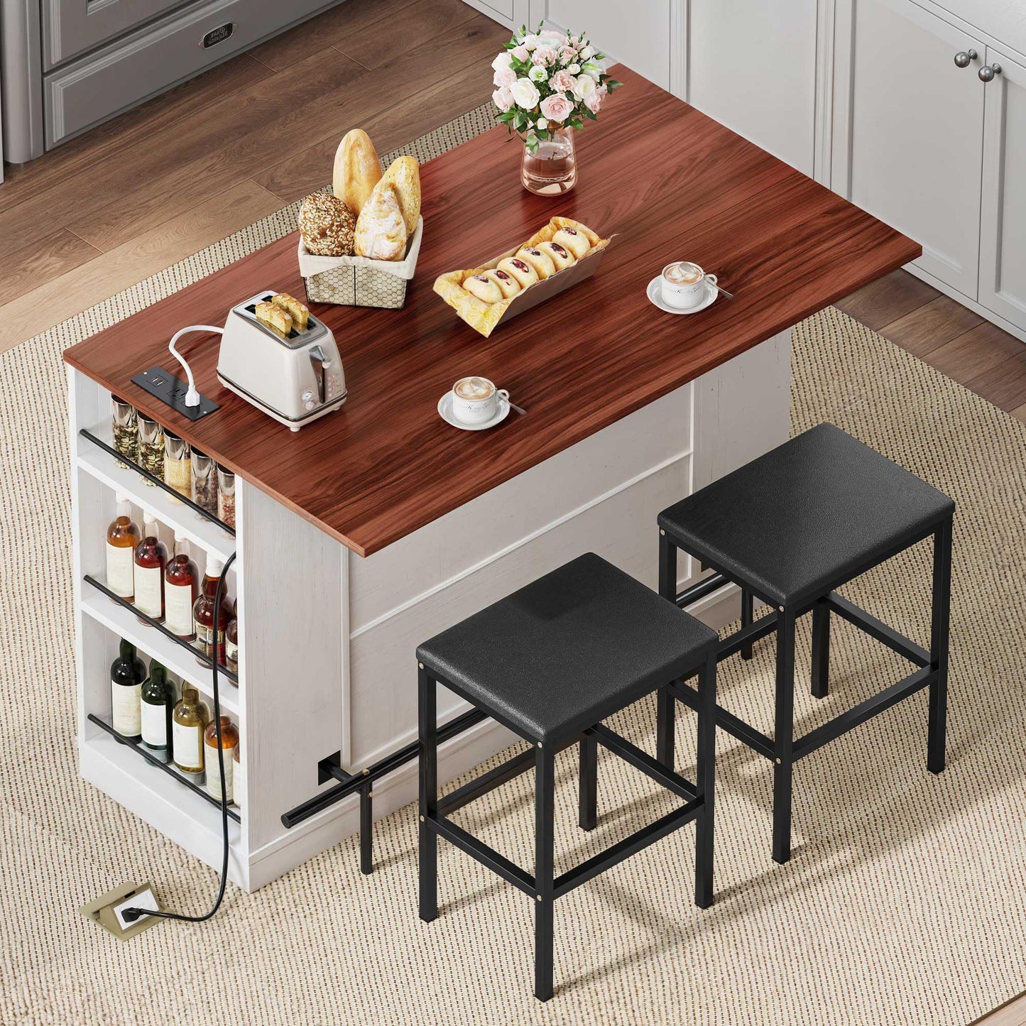 YITAHOME Kitchen Island with Seating, 47 Inch Mobile Storage Island with Drop Leaf, Rolling Islands Table with Power Outlet & Spice Rack, 2 Upholstered Stools and Footrest, for Dining Room, Off White