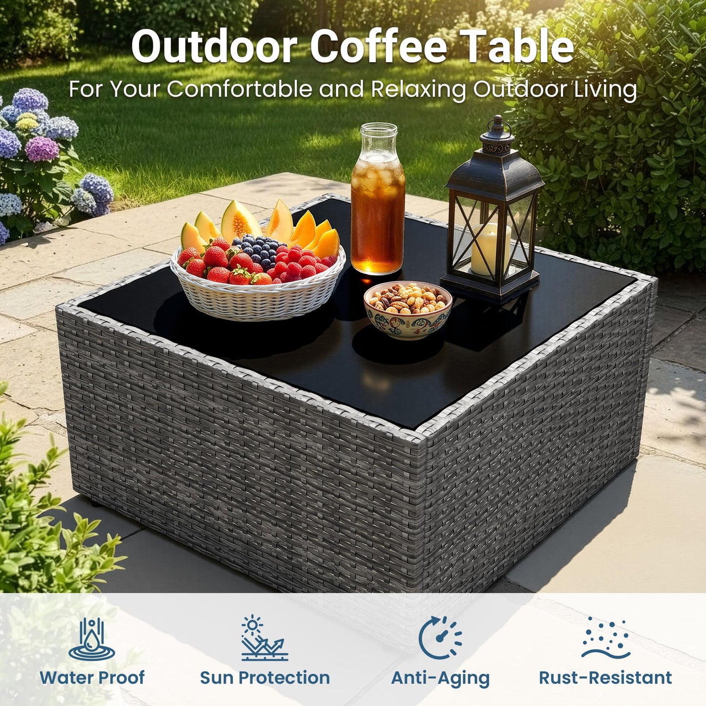 Wisteria Lane 5-Pieces Outdoor Patio Furniture Set, All Weather Wicker Rattan Sectional Sofa, Patio Conversation Set with Cushions & Glass Coffee Table for Backyard Porch Garden Balcony, Grey