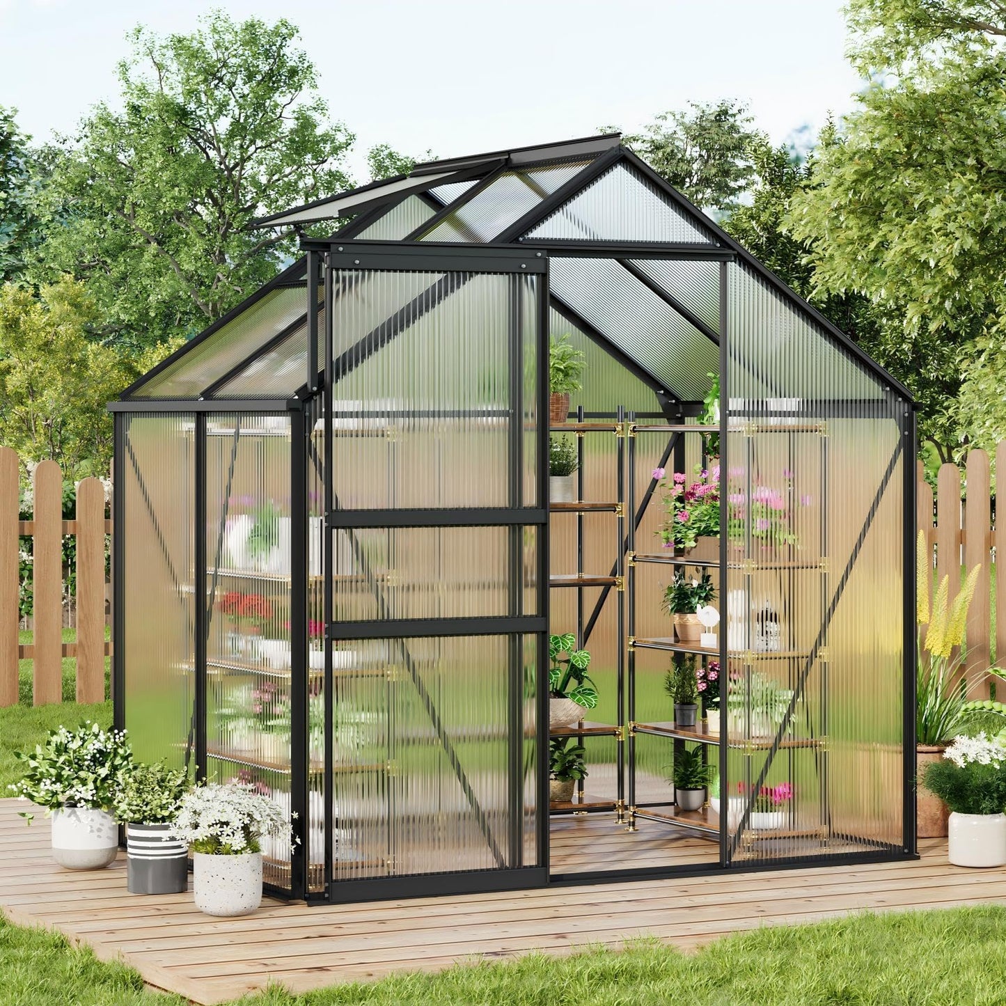6x4 ft Greenhouse, Walk in Polycarbonate Greenhouses for Outdoors with Roof Vent&Sliding Door, Heavy Duty Green House with Aluminum Frame for Outside Garden Backyard, Patio, Lawn, Black