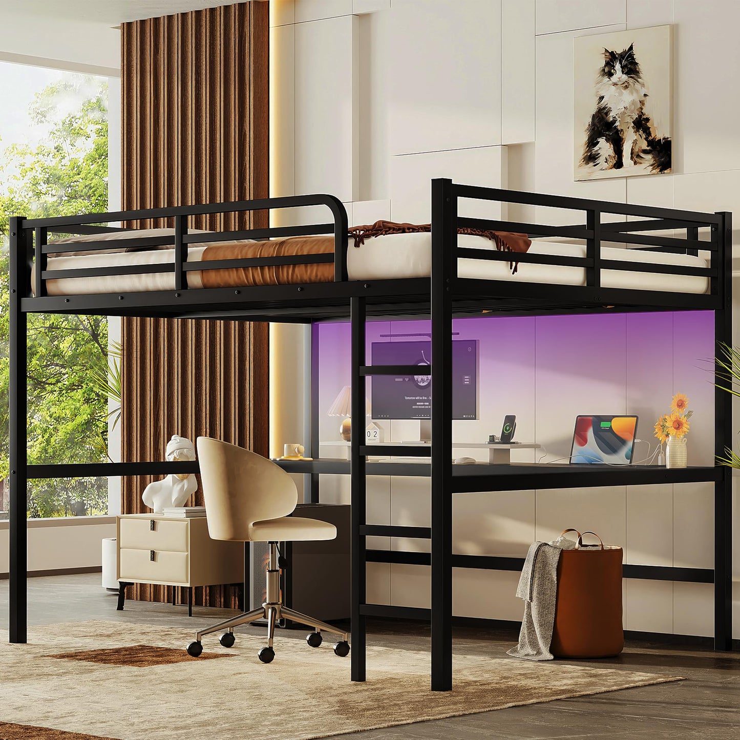 Bellemave Queen Loft Bed with Desk, Metal Queen Size Loft Bed Frame with Built-in Ladder, LED Loft Beds with Charging Station & Safety Guardrails for Kids,Teens, Adults, Black
