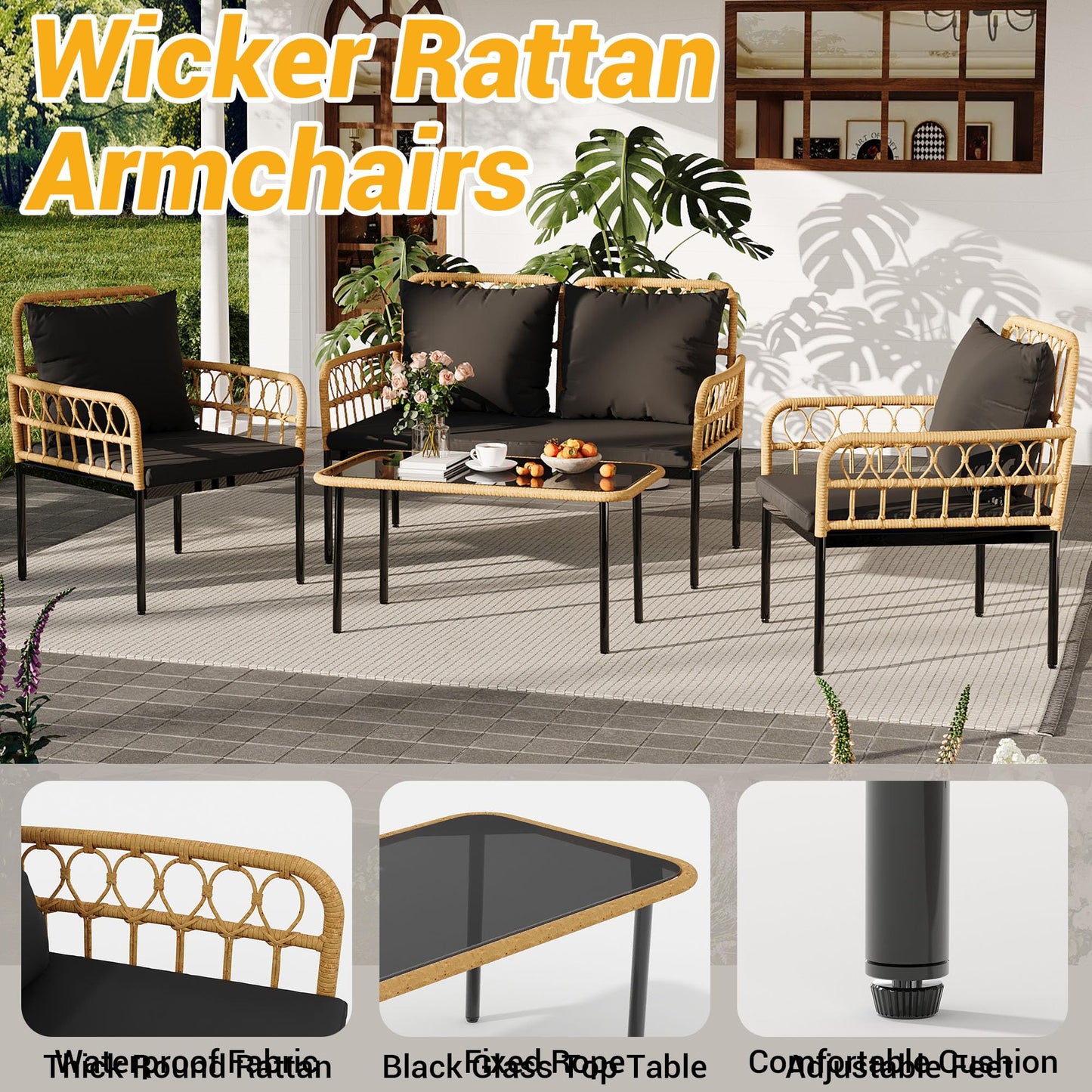 GarveeLife 4 Pieces Patio Furniture Sets Wicker Outdoor Patio Table and Chairs Set with Glass Side Table, Loveseat Chairs, Boho Rattan Conversation Sets for Apartment, Bistro, Backyard, Porch, Black
