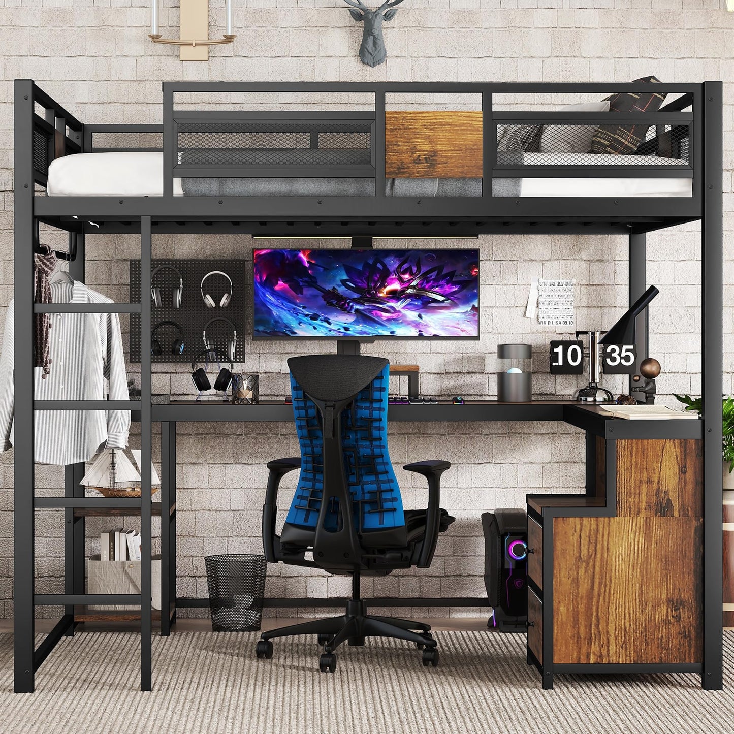 Bellemave Queen Size Loft Bed with Desk and Storage Drawers, Queen Loft Bed Frame with Computer Monitor Stand, Corner Shelf and Hanger Rod, Adults Loft Beds Frame, Black