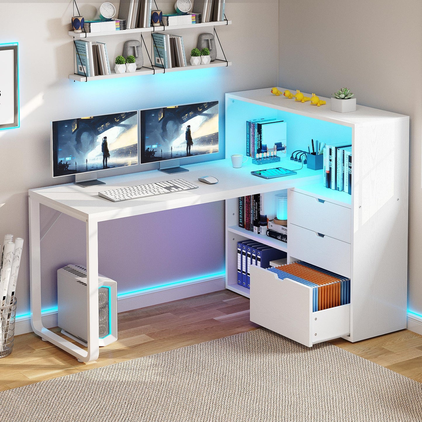 YITAHOME L Shaped Desk with Power Outlets, 55" Computer Desk with Drawers & Bookshelf, Home Office Desk with LED Lights, Corner Desk with File Cabinet, White