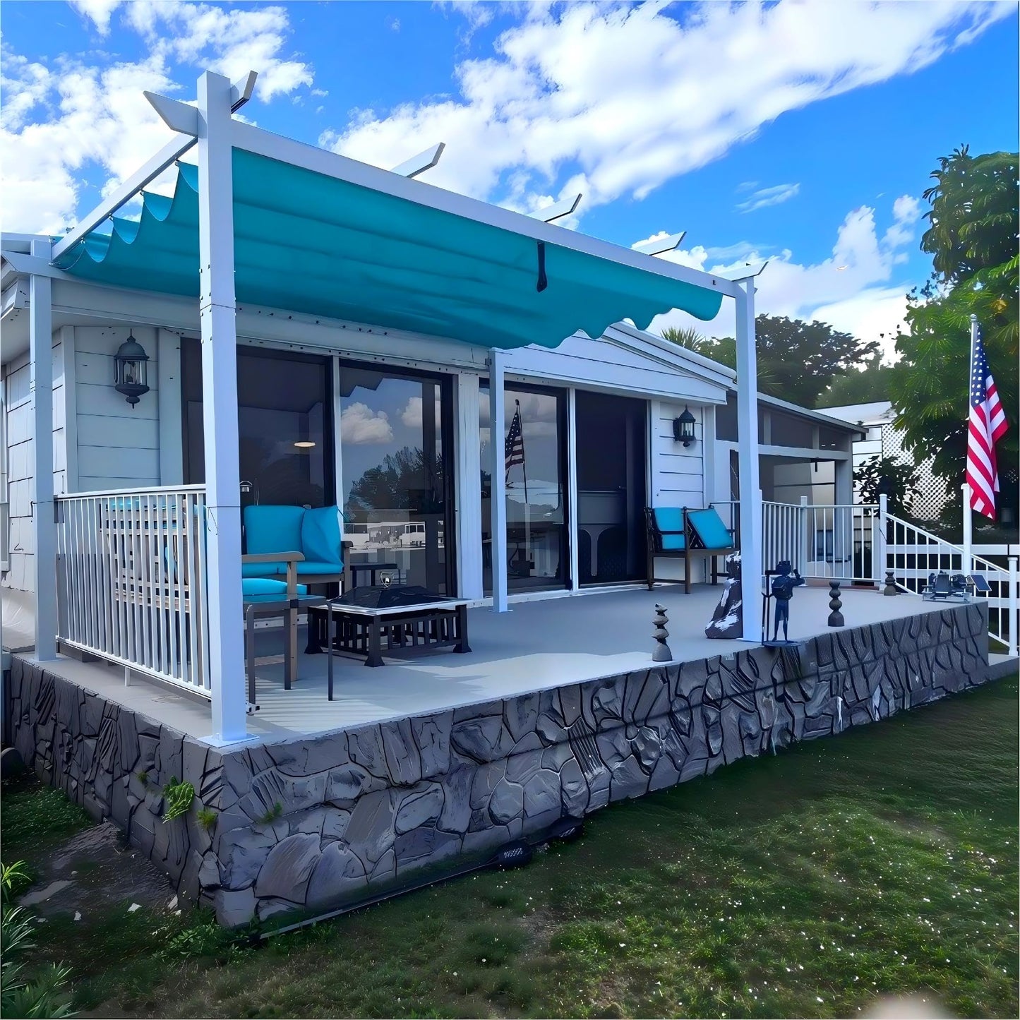 PURPLE LEAF 10' x 13 Aluminum Outdoor Pergola White Wind-Resistant Retractable Pergola with Double Sun Shade Canopy Heavy-Duty Metal Pergola for Patios Backyard Deck Garden, Blue