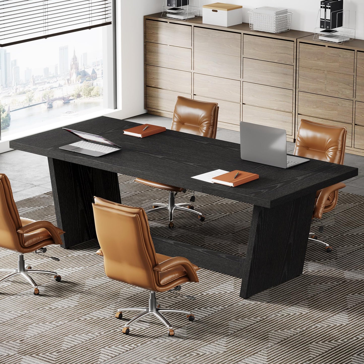 Tribesigns 6 FT Conference Table, 71" Rectangular Meeting Table for Office Conference Room, Large Executive Seminar Desk for 6-8, Wooden Business Boardroom Table with Heavy-Duty Pedestal Base, Black
