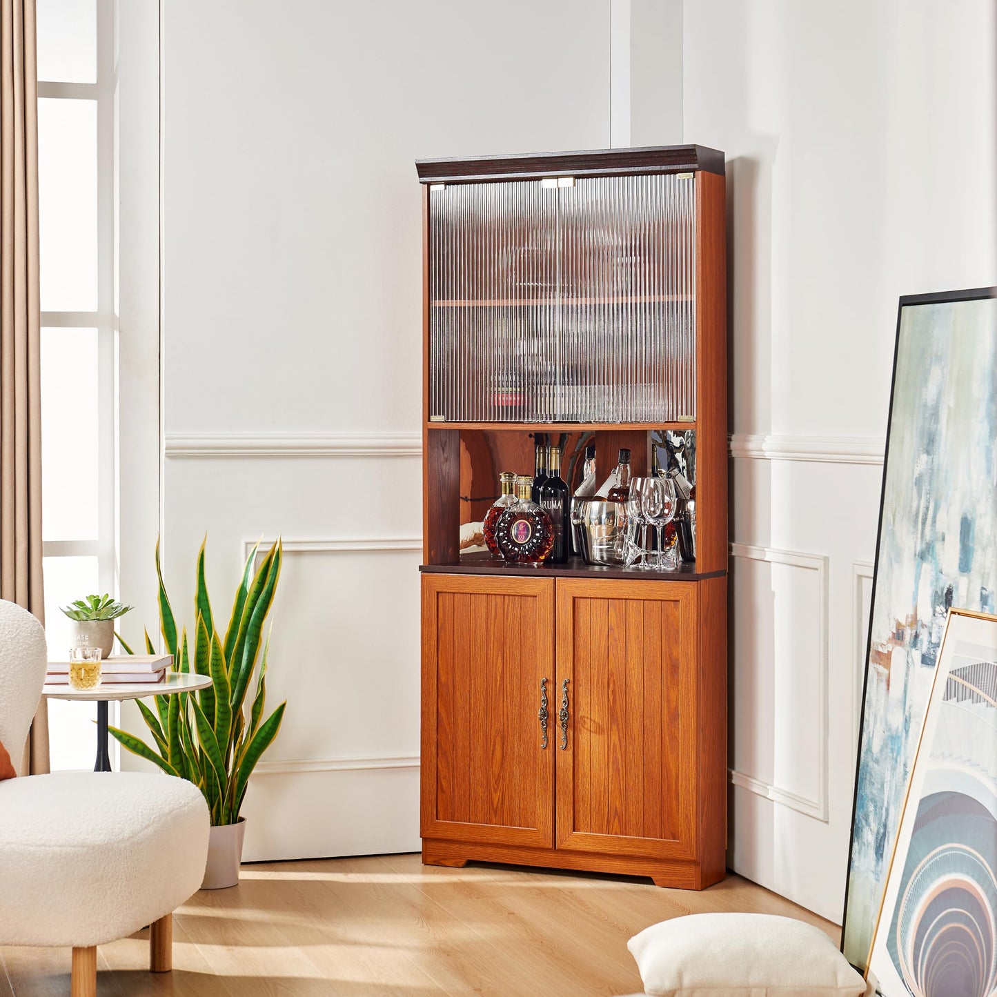 GDFStudio 70.89" Tall Corner Storage Cabinet with Doors, 5-Tier Wine Rack Display Cabinet with Mirrored Back Adjustable Shelves, Wood Coffee Bar Cabinet for Living Room Kitchen Dining Room, Dark Oak