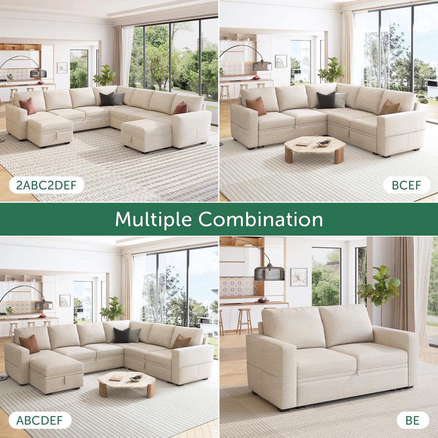 HONBAY Modular Sectional Sleeper Sofa with Pull Out Bed, L Shaped Couch with Storage Seat, Convertible Sectional Couches for Living Room, Beige