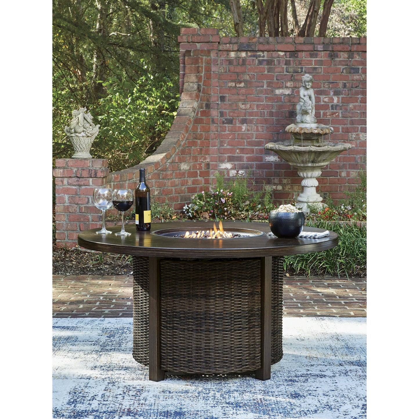 Signature Design by Ashley Drakes Beach Fire Pit Table, 55,000 BTU Stainless Steel Burner, Resin Wicker on Aluminum Frame, Wood-Look Finish for Patio Deck Entertaining, 48' Square