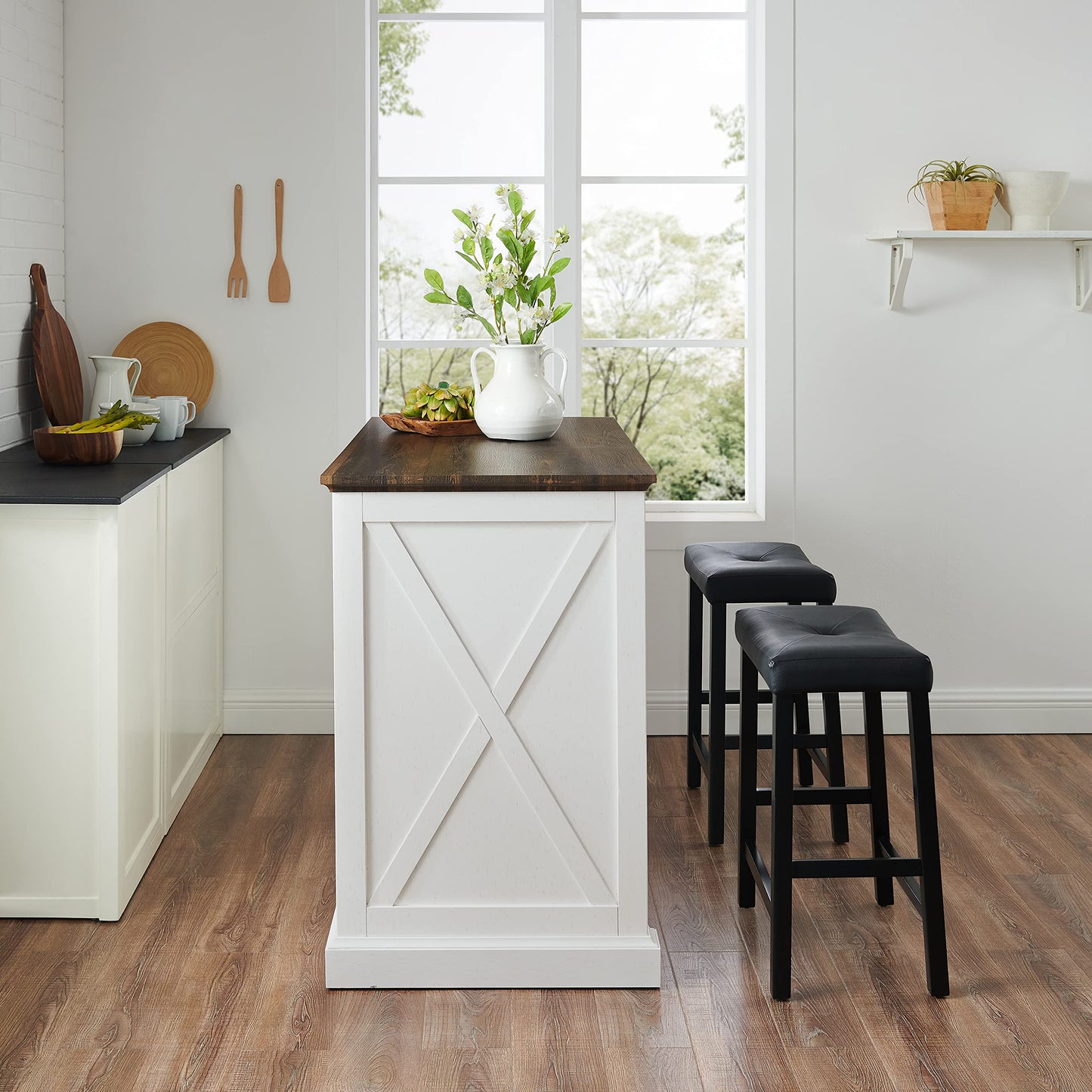 Crosley Furniture Clifton Kitchen Storage Island, Microwave Stand, Coffee Bar and Set of 2 Upholstered Saddle Stools, Distressed White/Black