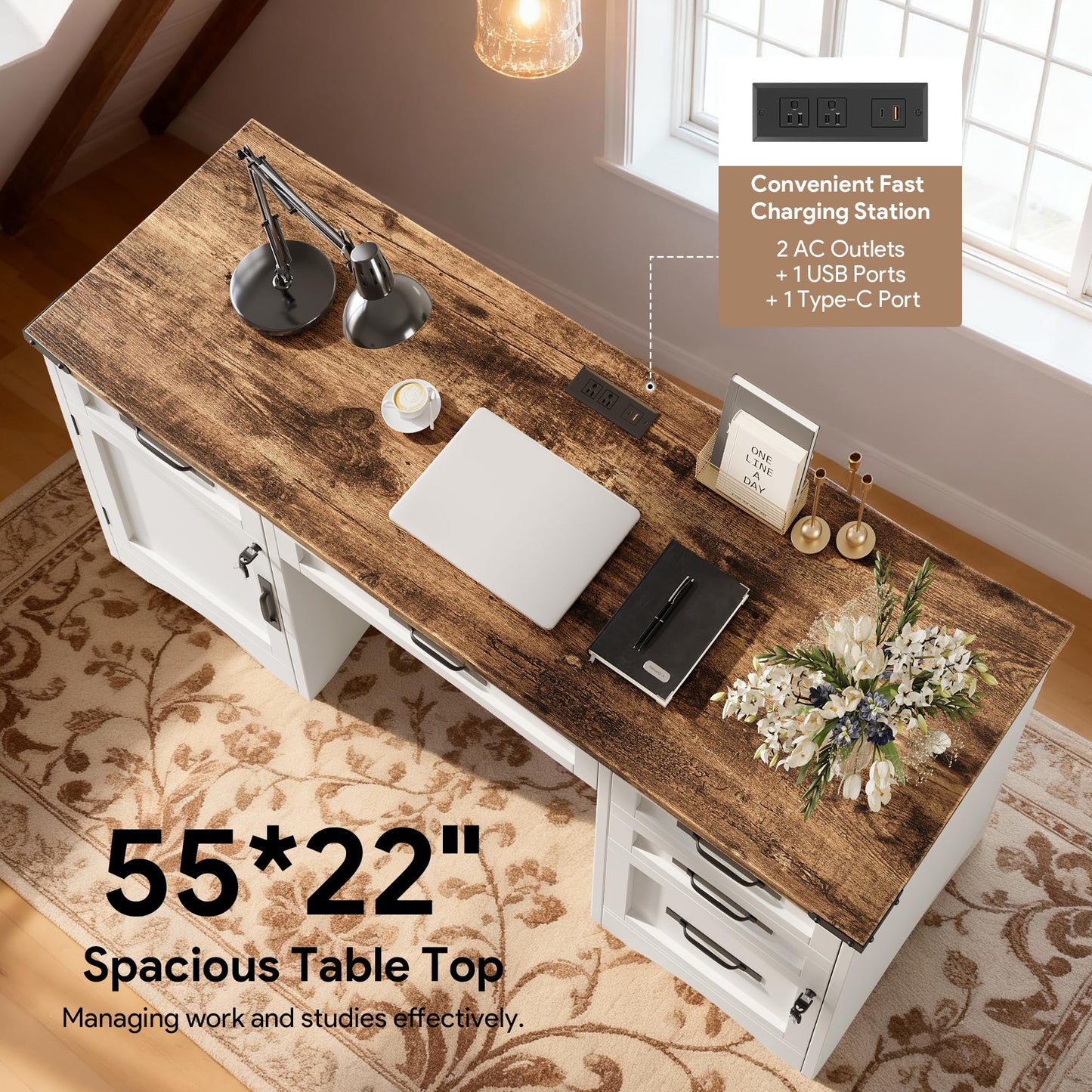 Decofy Farmhouse Executive Desk with Drawers, 55" Home Office Desks with Fast Charging Station, Lockable File Cabinet, Wood Writing Computer Desk for Work, Study, White