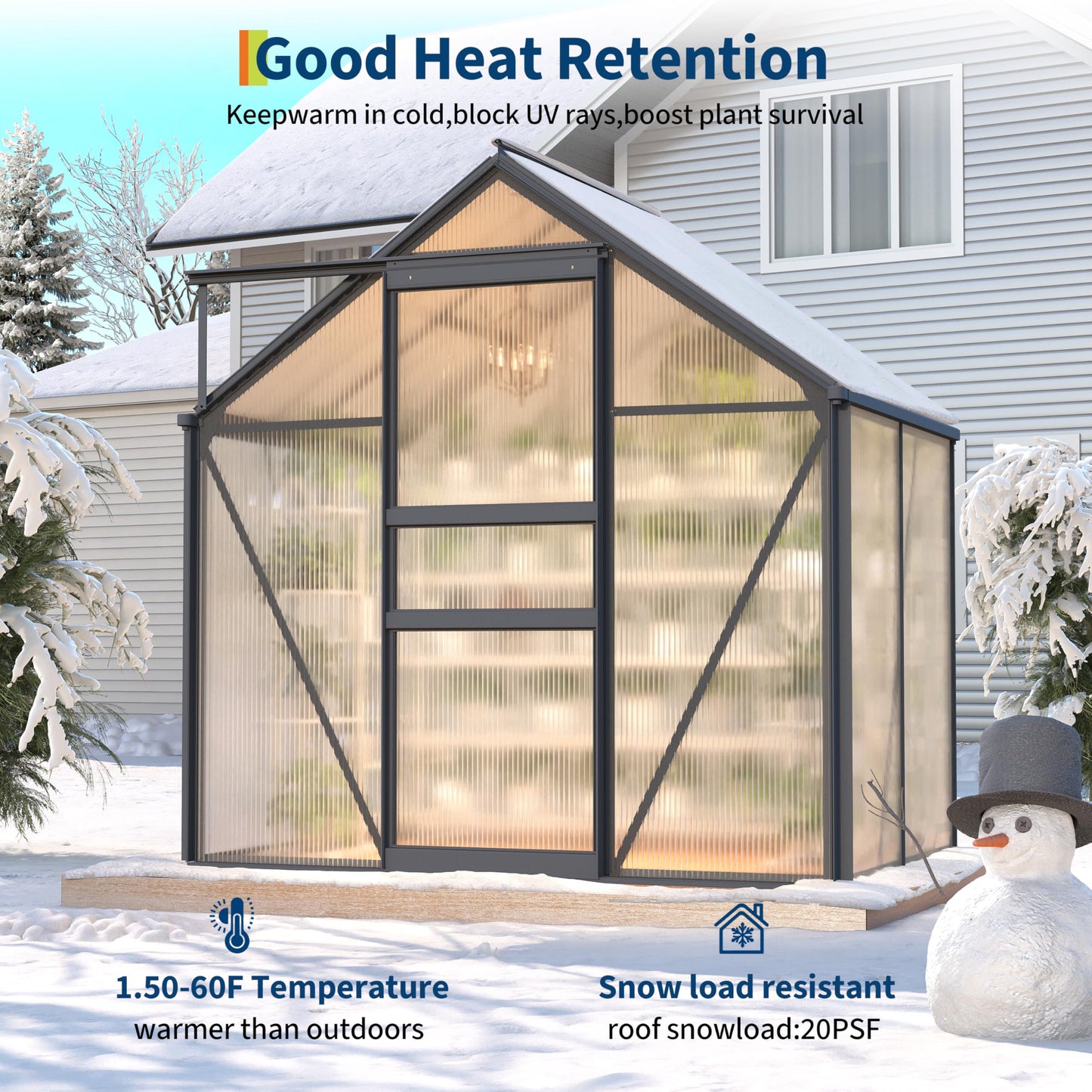 GarveeLife 6 x 4 FT Walk-in Greenhouses for Outside, Polycarbonate Greenhouse with Sliding Door, Adjustable Roof Vent, Aluminum Frame, Backyard Green Houses for Patio Garden