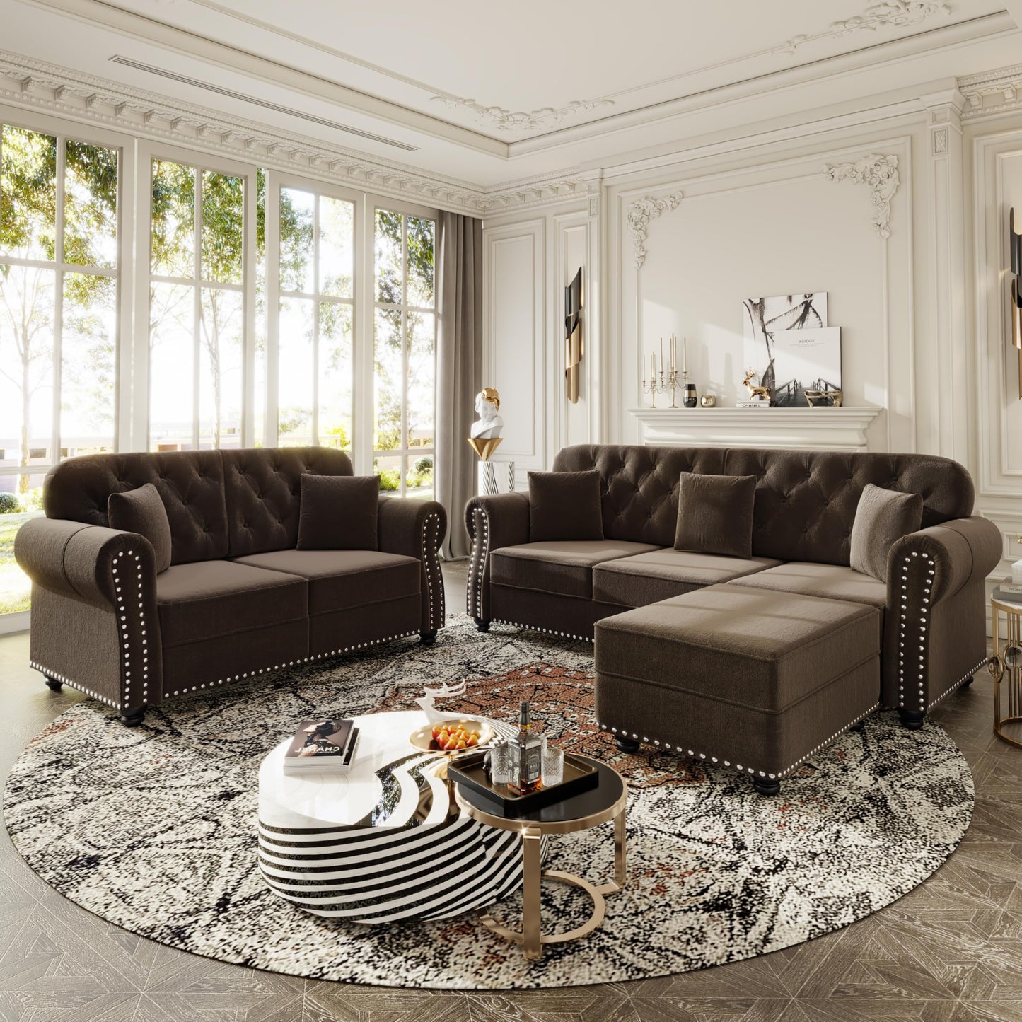 KEIKI 2-Piece Chesterfield Sofa Set with 1 Velvet 3-Seater Sofa & 1 Loveseat Sofa, Upholstered 5-Seater Couch Set with Nailhead Trim & Rolled Arms & 1 Ottoman & 5 Pillow, for Living Room, Brown