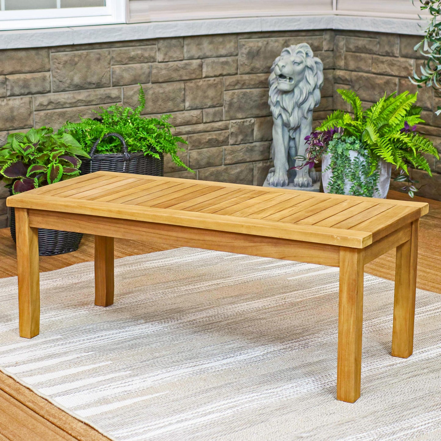 Sunnydaze 45-Inch Solid Teak Rectangular Outdoor Coffee Table - Patio Coffee Table for Outside - Light Brown Wood Stain Finish