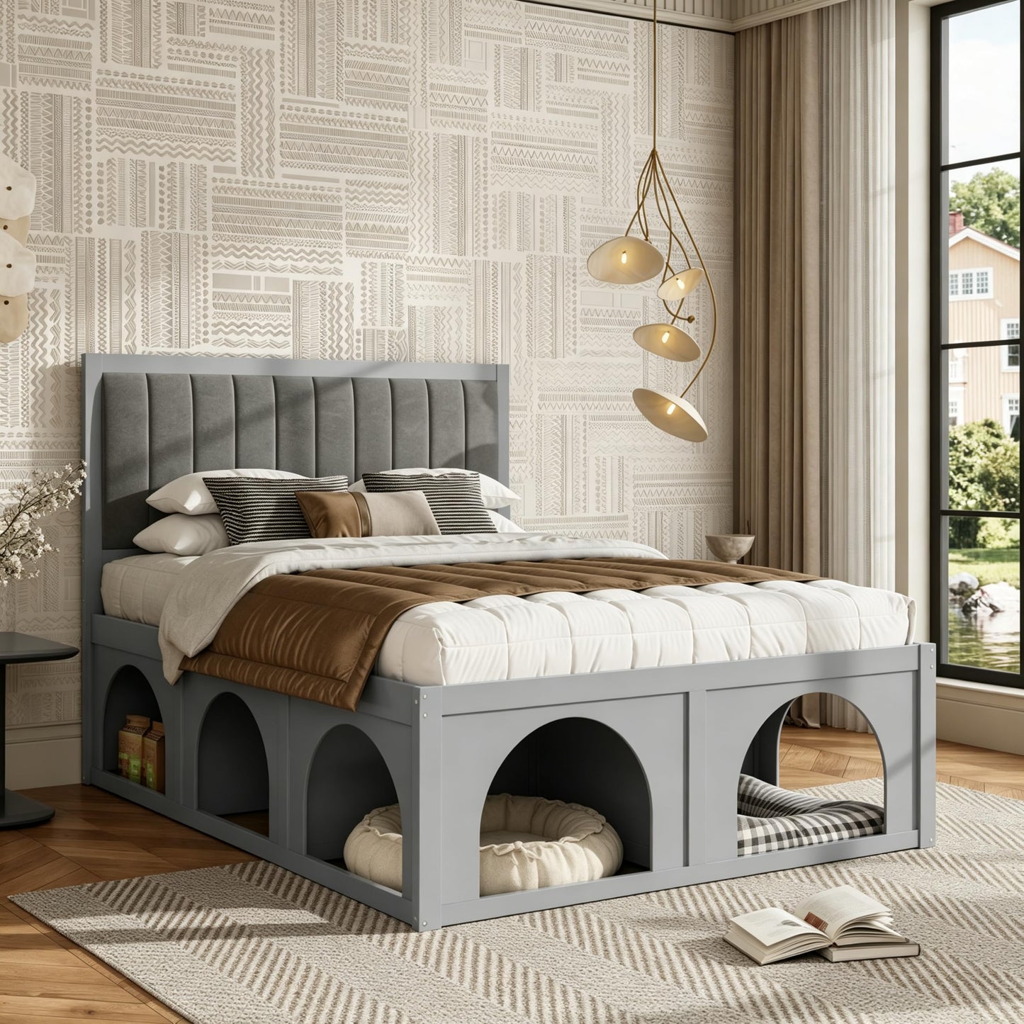 Merax Queen Platform Bed – Heavy Duty Metal Bed Frame with Pet-Friendly Under-Bed Nook, Space-Saving Storage, Upholstered Headboard, Wood Slats Support & Elevated Modern Design, Light Grey