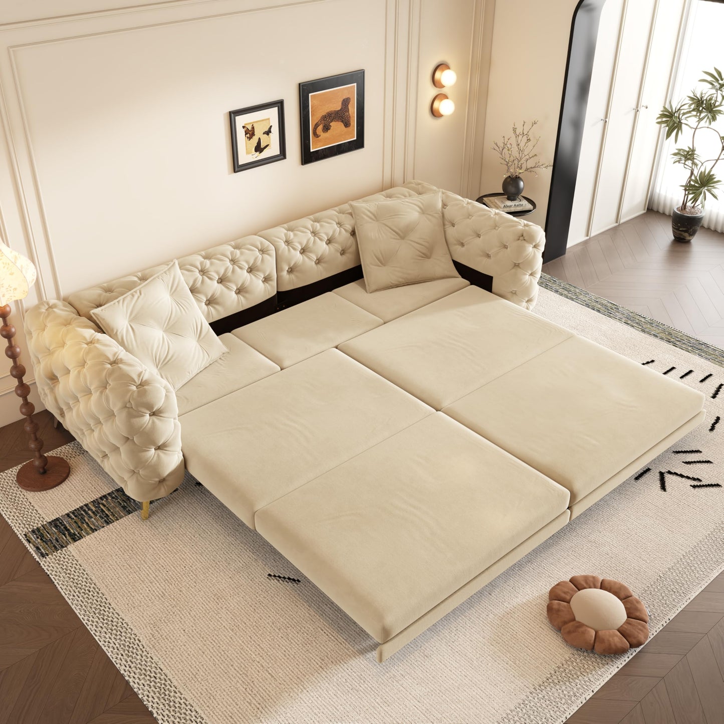 Ball & Cast 3-in-1 Convertible Sleeper Sofa with Movable Ottoman,97.7" Velvet Pull Out Sofa Bed, Modern Button Tufted 4-Seater Sofa Couch with Deep Seat for Living Room, Apartment,Office,Apricot