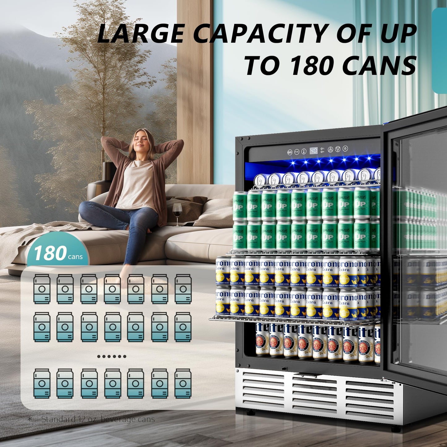 EUHOMY 24 Inch Beverage Refrigerator, 180 Can Built-in Beverage Cooler, Under Counter Beer Fridge with Glass Door for Soda, Water, Wine - For Kitchen, Bar or Office
