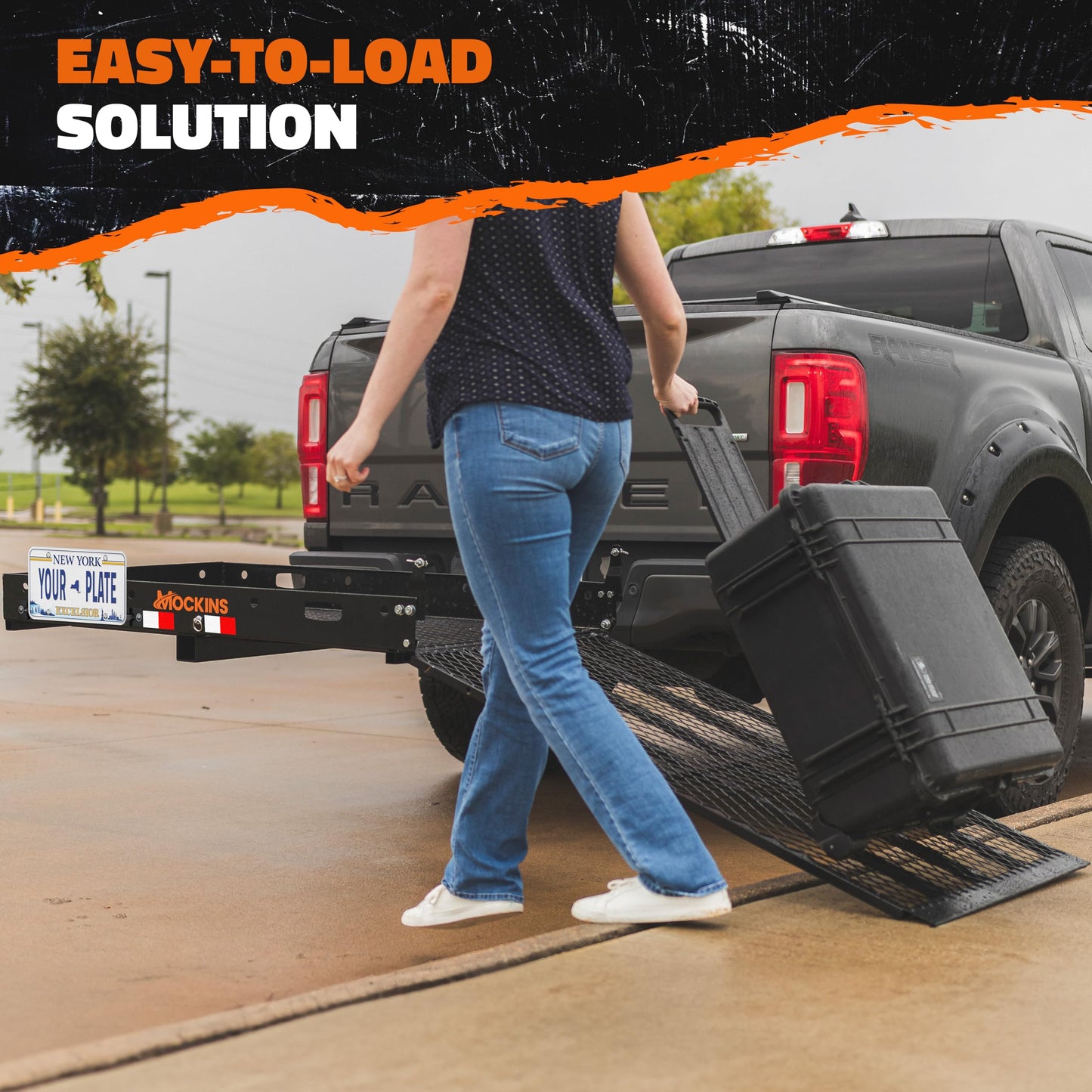 Mockins 48"x28.5"x4" Folding Trailer Hitch Cargo Carrier with Ramp for Wheelchair | 500 lbs Cap Heavy-Duty Mobility Scooter Carrier for Car 2" Hitch Receiver w/Plate Bracket, Stabilizer, & Straps