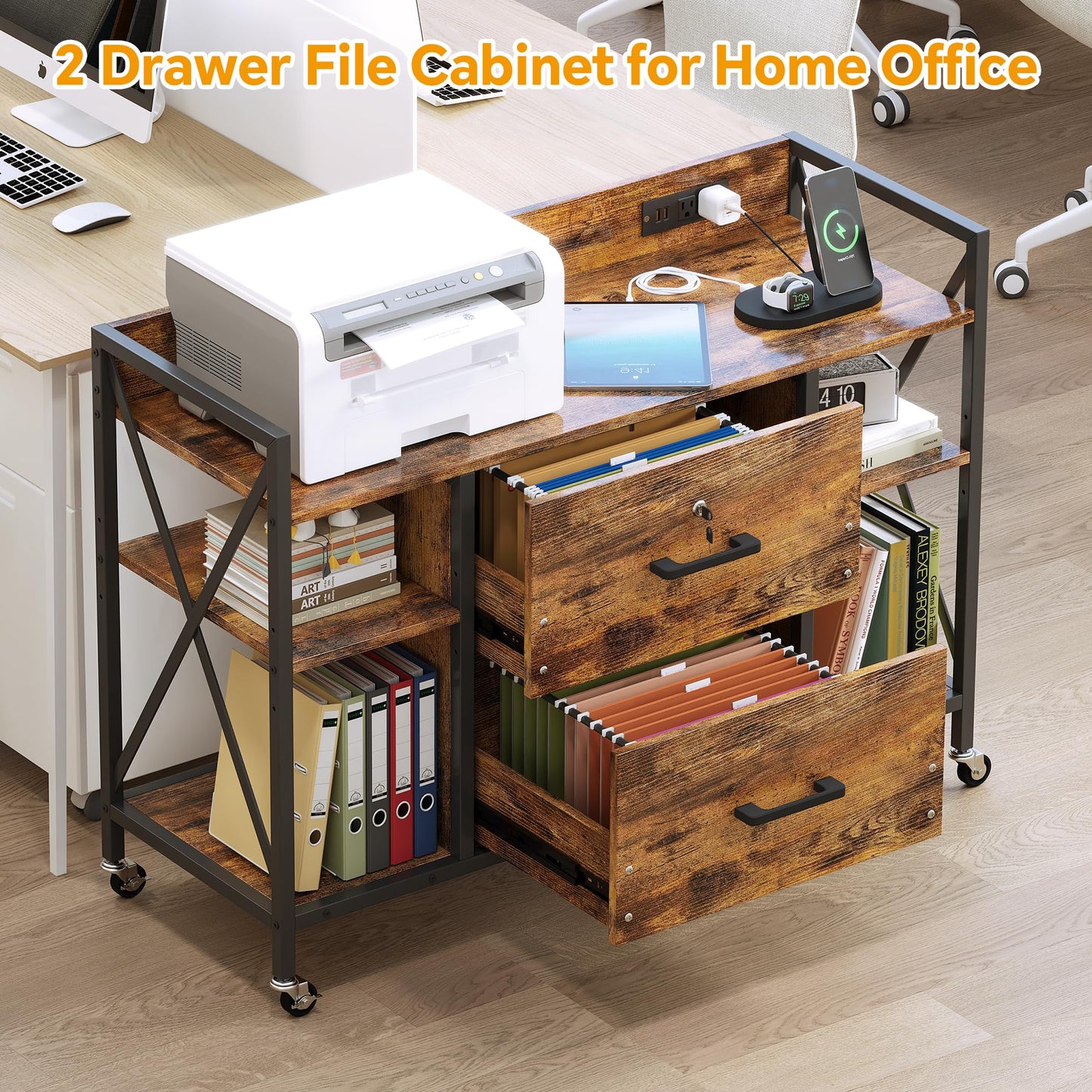 Office File Cabinet, 2 Drawer File Cabinets with Lock, Filing Cabinet with Power Outlets, Adjustable Shelves, Rolling Storage Cabinets for Home Office, Vintage