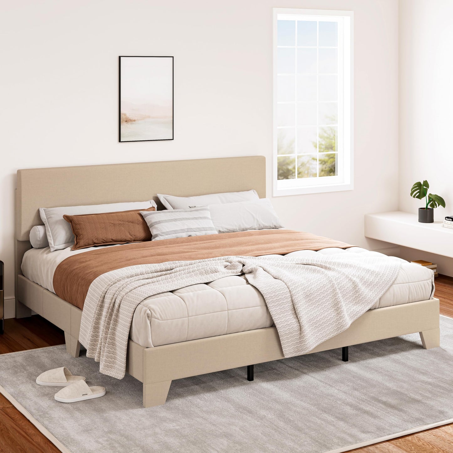 SHA CERLIN Linen Upholstered King Size Bed Frame with Headboard, Beige