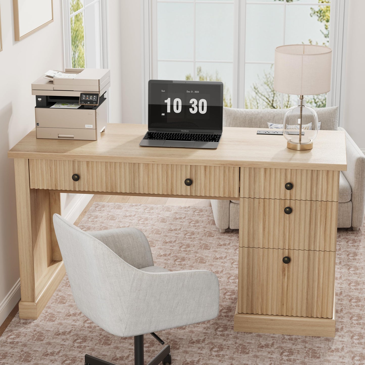 COZONY 54" Home Office Computer Desk with Drawers, Fluted Executive Desk with File Cabinet & Charging Station, Modern Wooden Writing Study Workstation for Study Room