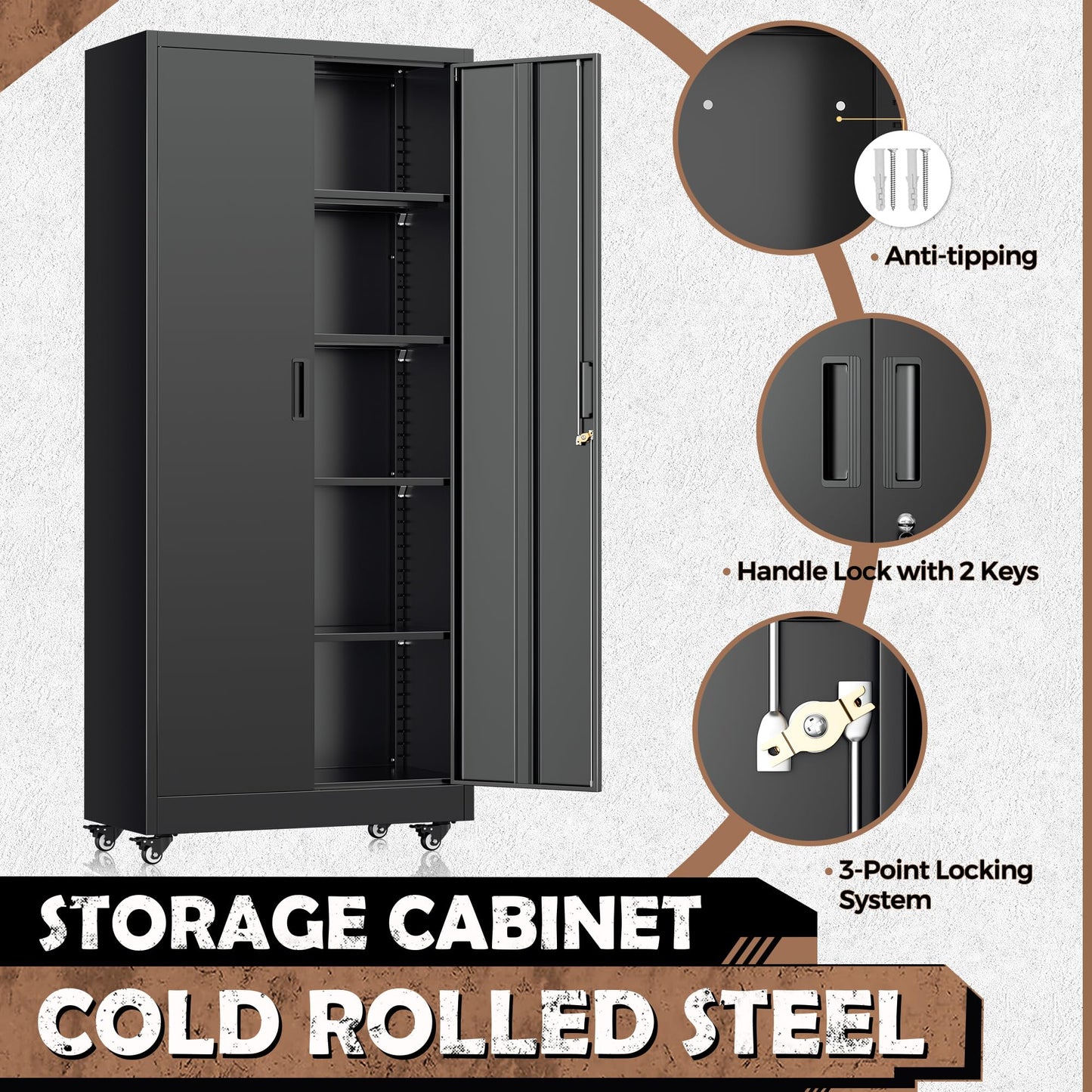 INTERGREAT73 Garage Storage Cabinet with Wheels, Rolling Metal Storage Cabinet with Locking Doors and 4 Adjustable Shelves,- 73" Steel Tool Cabinet for Home Office,Garage,Warehouse，Black