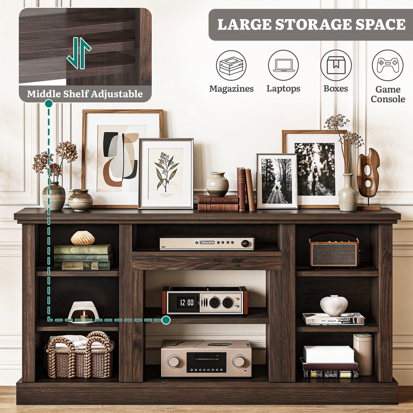 YITAHOME Farmhouse TV Stand for 75/80 Inch TVs, Entertainment Center with Adjustable Shelf & Open Storage, TV Console Table with Cord Management for Living Room, Bedroom (Walnut)