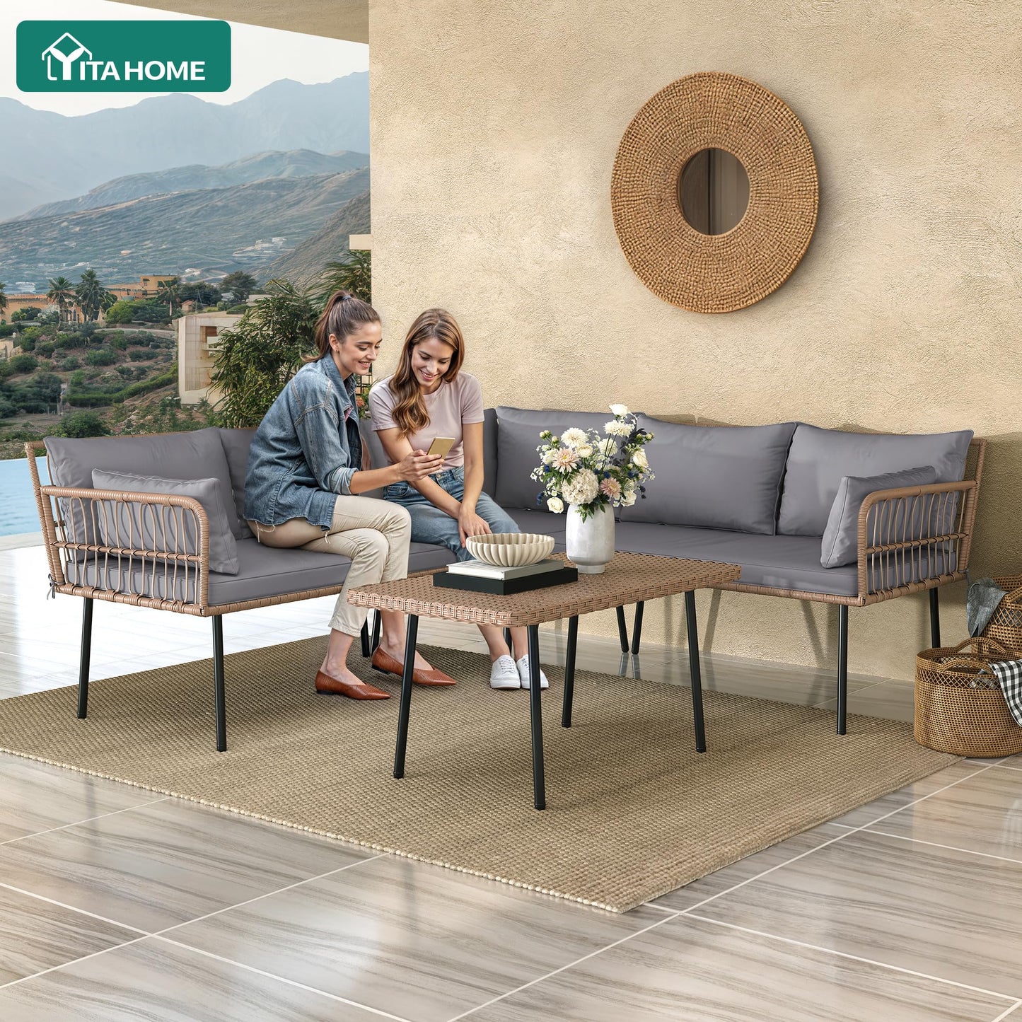 YITAHOME 4-Piece Wicker Patio Furniture Set, All Weather PE Rattan Conversation Set Sectional Sofa with Soft Cushions & Side Table, Porch Furniture for Deck, Balcony, Backyard - Gray
