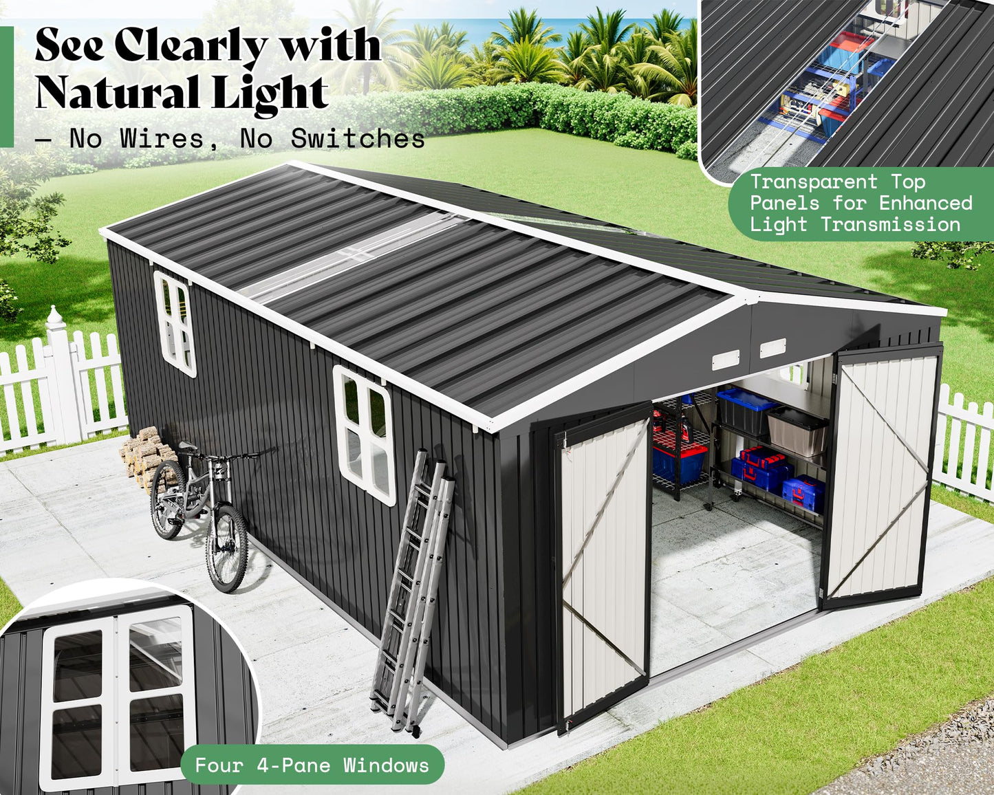 VanAcc 12x20x7.2 FT Outdoor Storage Shed with 2 Transparent Panels, Metal Garden Shed with Hinged Double Doors, Windows & Vents, Reinforced Steel Frame for Backyard Garden, DIY Workshop, Dark Gray
