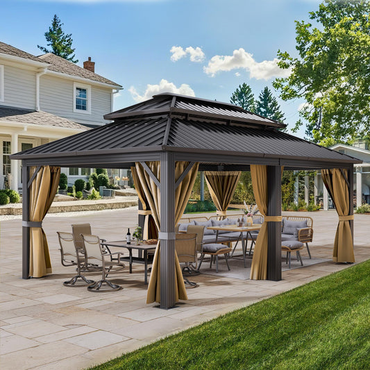 YITAHOME 12x18ft Gazebo Hardtop Canopy Outdoor Heavy Duty Double Roof w/Nettings and Curtains, Upgraded Aluminum Column Galvanized Steel Vertical Stripes Roof for Patio, Backyard, Deck, Lawns, Brown