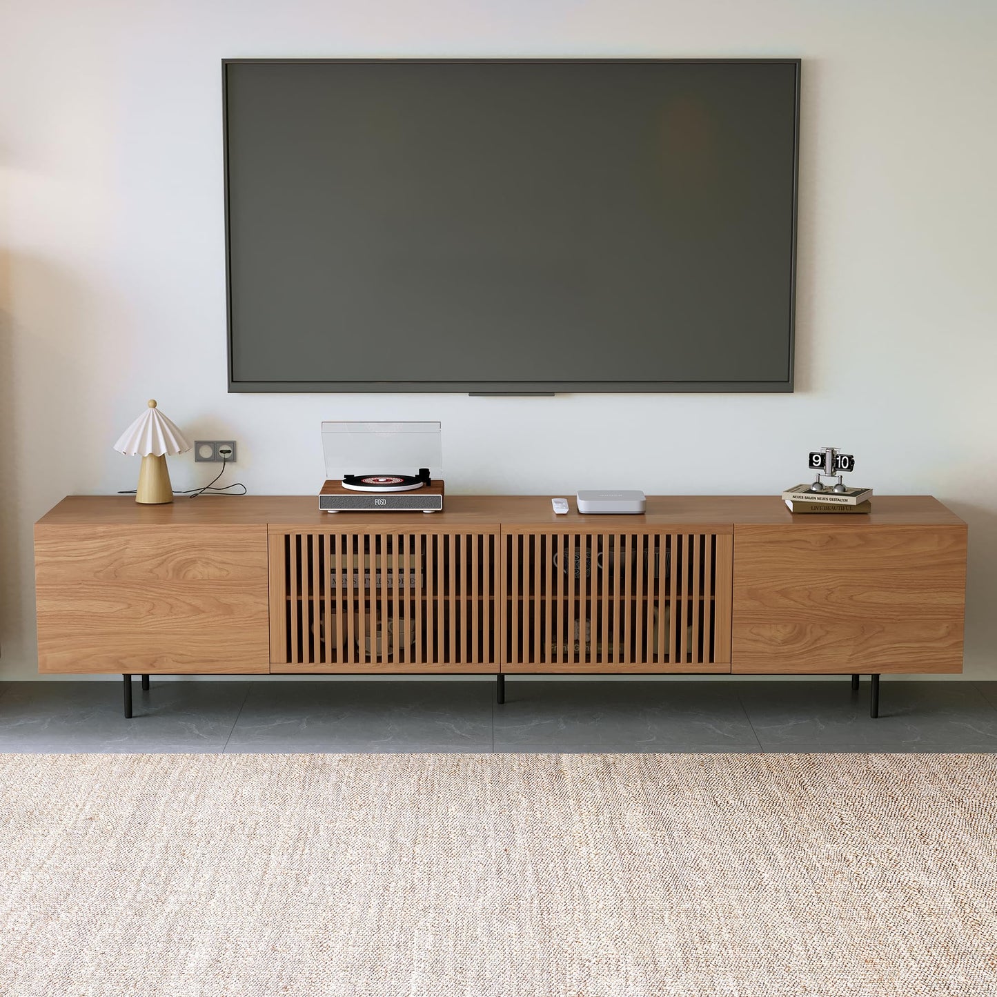 DinaiteEain Mid Century Modem TV Stand for 80 Inch TVs and Larger, Walnut Entertainment Center with 4 Doors, Large Storage &Cable Management, Media Console for Living Room (94.48 Inches)