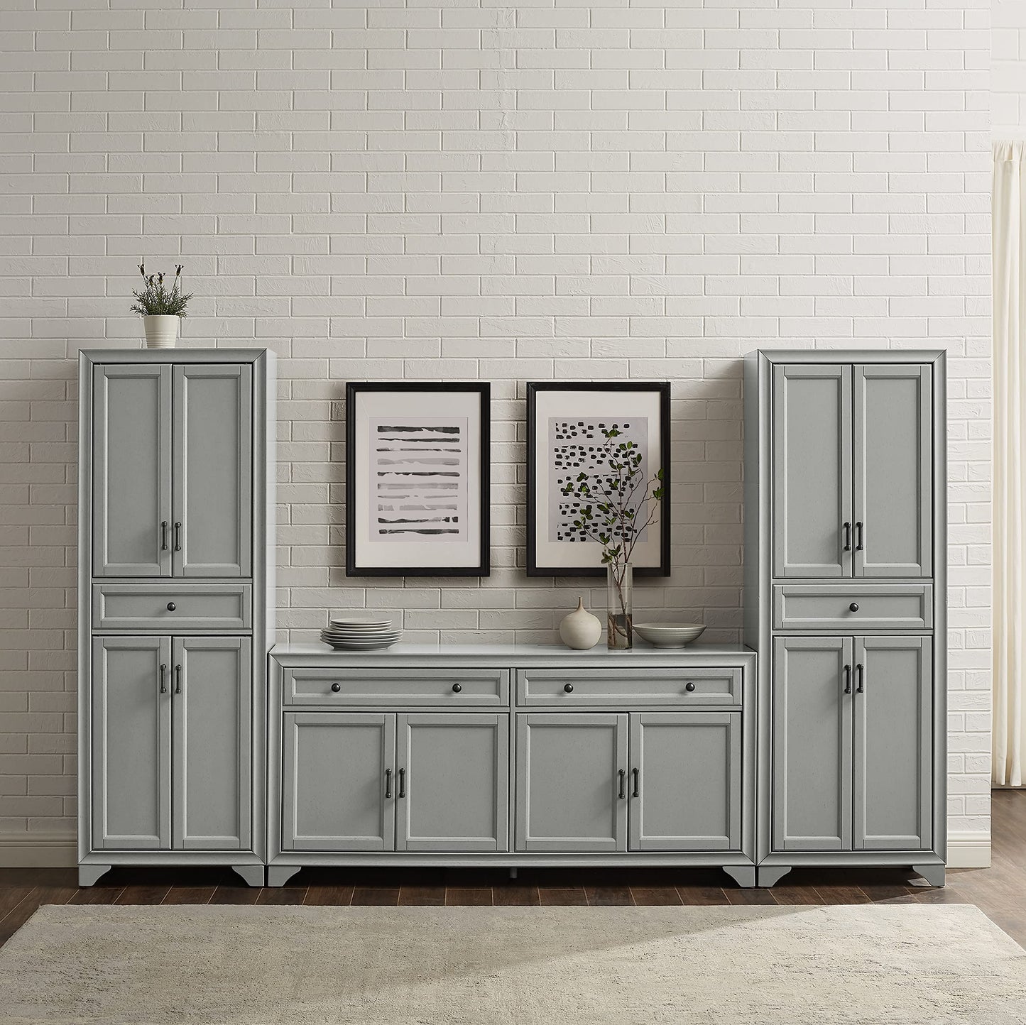 Crosley Furniture Tara 3-Piece Modern Farmhouse Sideboard Buffet Cabinet and Kitchen Storage Pantry Set, Distressed Gray