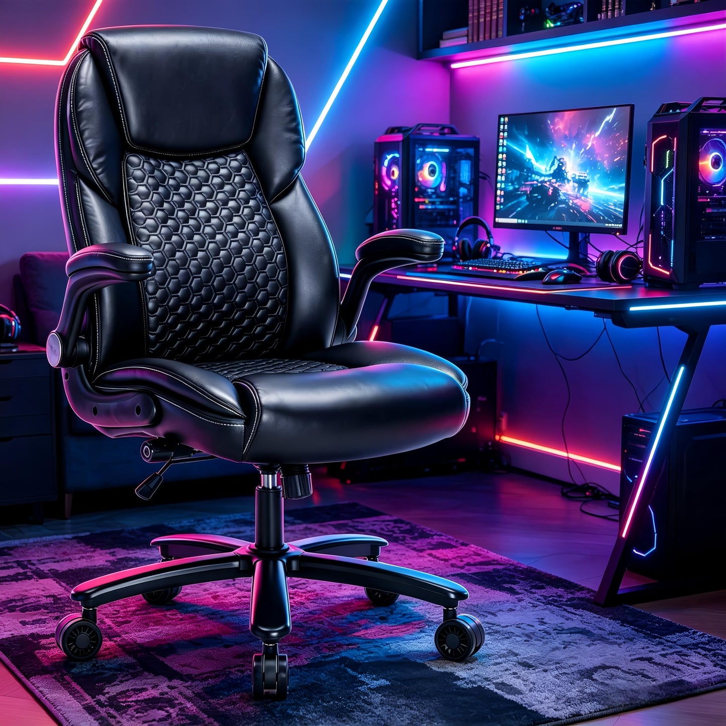 ZLHECTO® Big and Tall Executive Office Chair, PU Leather Swivel Desk Chair with Flip-up Arms, Adjustable Lumbar Support, Space-Saving Height Adjustable Rolling Computer Chair for Home & Office Use