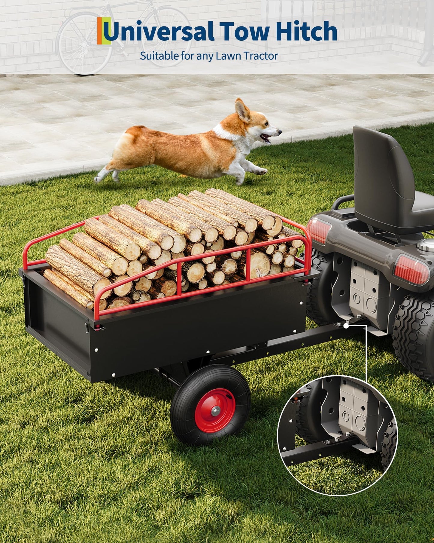 750 LBS Heavy‑Duty Dump Cart, 13.5 Cu.ft Steel Lawn Mower Trailer & Garden Trailer, Quick‑Release Dumping ATV Dump Trailer & Garden Utility Cart for Yard Work, Landscaping, Farm & Lawn Mower Towing