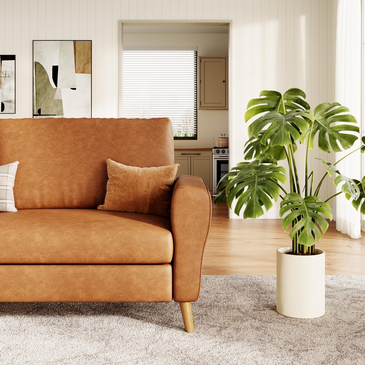 IDEALHOUSE 84 Inch Modern Sofa Couch, Large 3-Seater Sofa with Streamlined Armrests, PU Leather Loveseat Wood Feet, Comfy Couch for Living Room, Apartment, Lounge, Brown