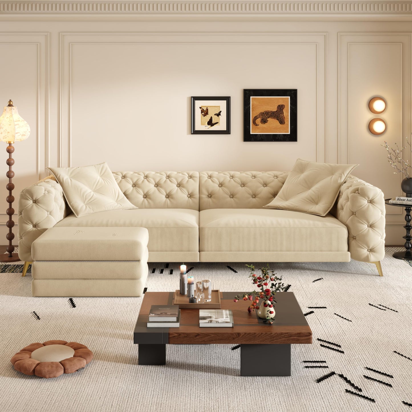 Ball & Cast 3-in-1 Convertible Sleeper Sofa with Movable Ottoman,97.7" Velvet Pull Out Sofa Bed, Modern Button Tufted 4-Seater Sofa Couch with Deep Seat for Living Room, Apartment,Office,Apricot