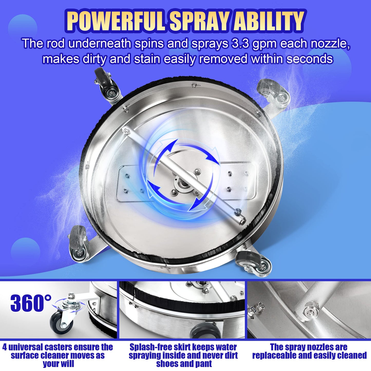 PWACCS 20" Pressure Washer Surface Cleaner with Wheels, Stainless Steel