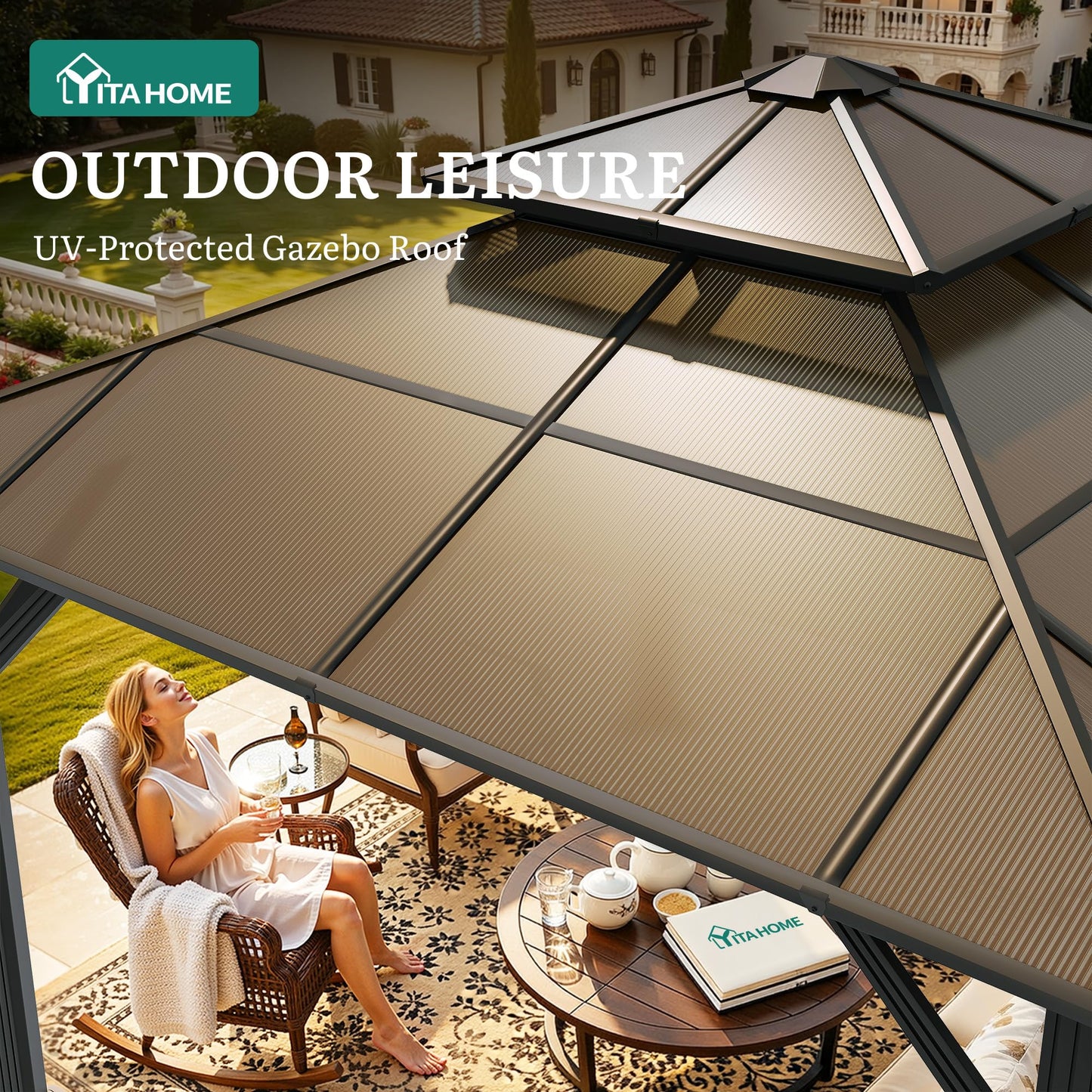 YITAHOME 10X12FT Polycarbonate Gazebo Outdoor Patio Double Top Canopy Galvanized Iron Aluminum Column Garden Tent Curtains Netting for Backyards Decks Lawns,Brown
