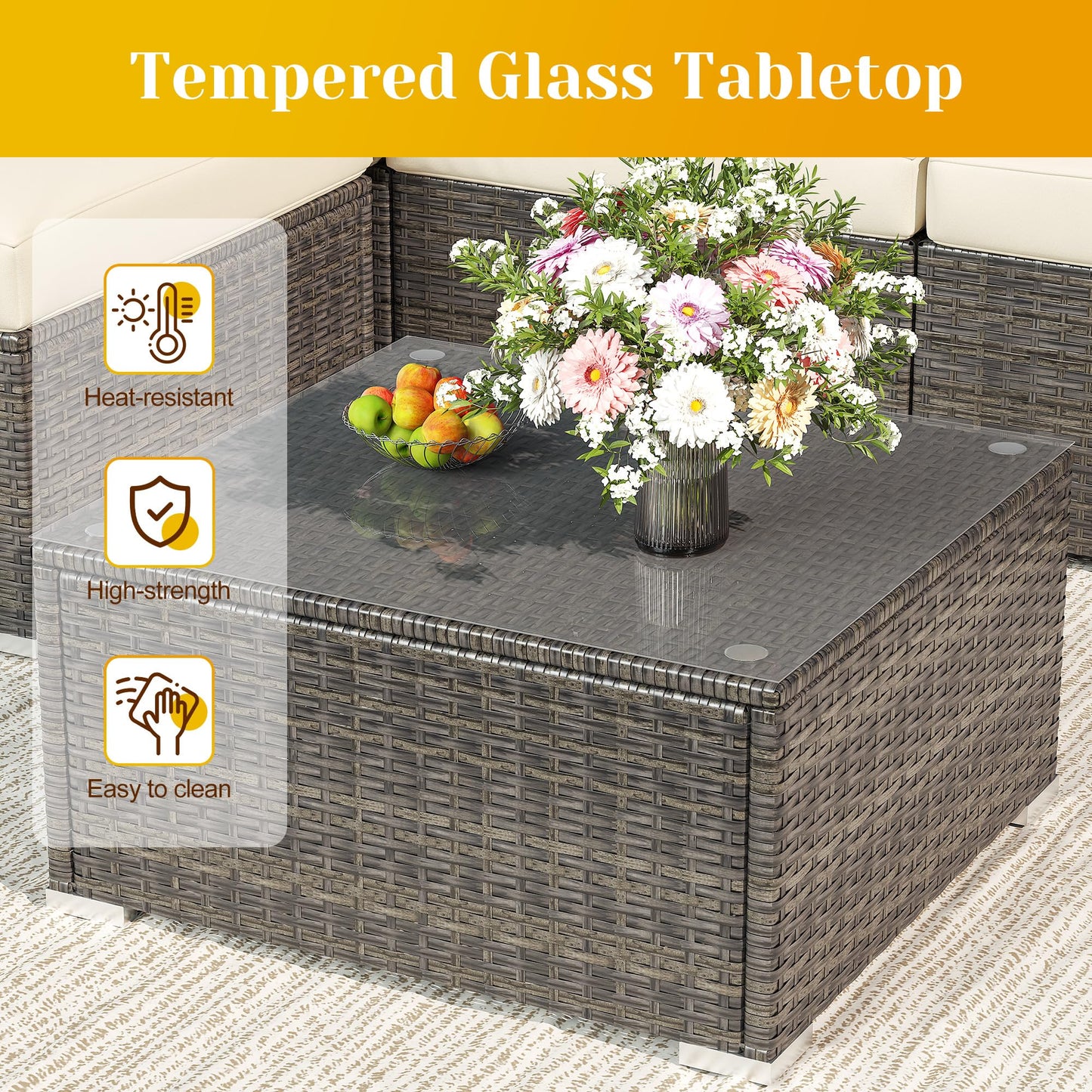 SUNVIVI OUTDOOR Outdoor Patio Furniture Set, 5 Piece Patio Conversation Set, Waterproof Wicker Patio Furniture Set, All Weather Combination Patio Conversation Sets with Cushions and Glass Table, Beige