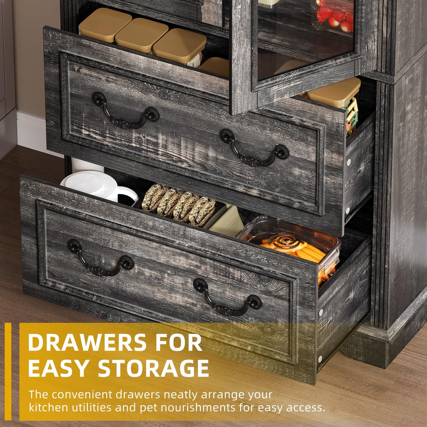 DWVO 76" Storage Cabinets, Freestanding Kitchen Pantry with Adjustable Shelves & Drawers, Farmhouse Glass Display Cabinets Tall Cupboard for Dining Room, Living Room, Dark Rustic