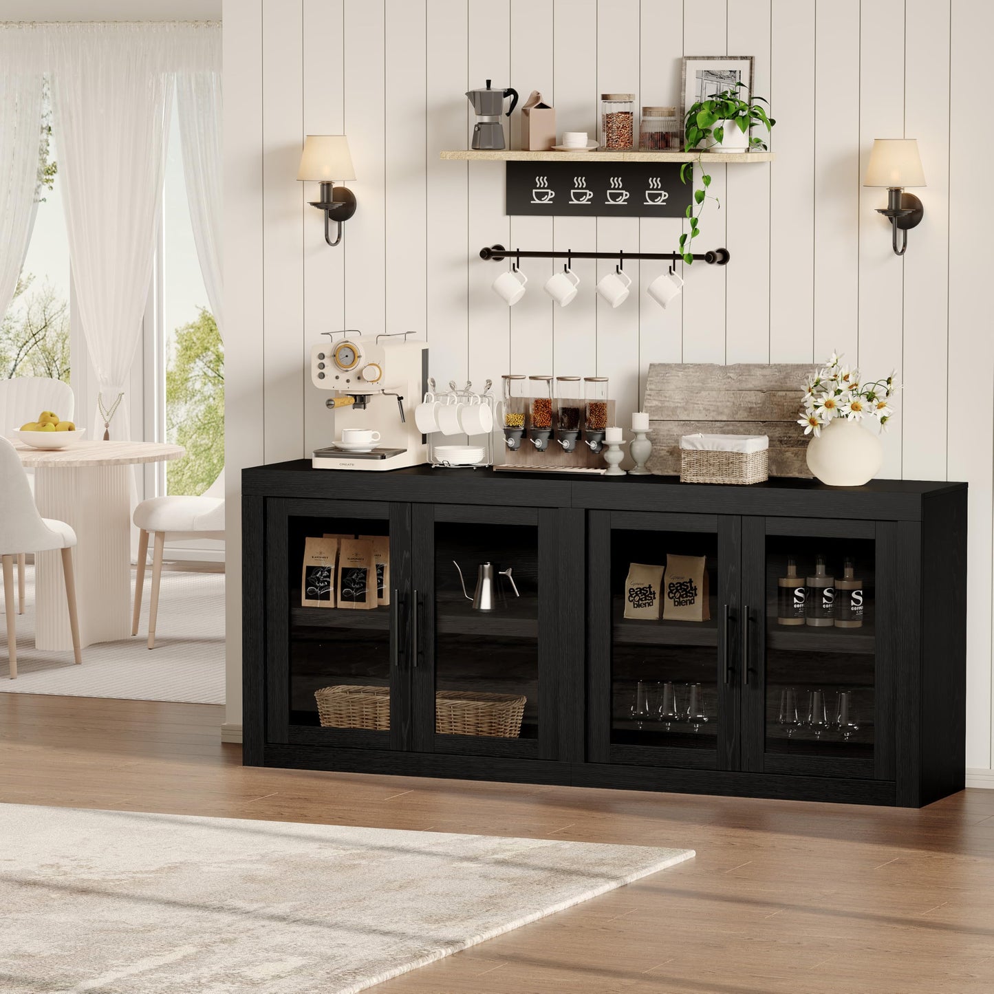 GarveeHome 70.8 in Sideboard Buffet Cabinet with Storage, Mid Century Modern Accent Cabinet with 4 Glass Doors, Wood Coffee Bar Media Console Credenza for Living Room, Kitchen, Hallway, Black