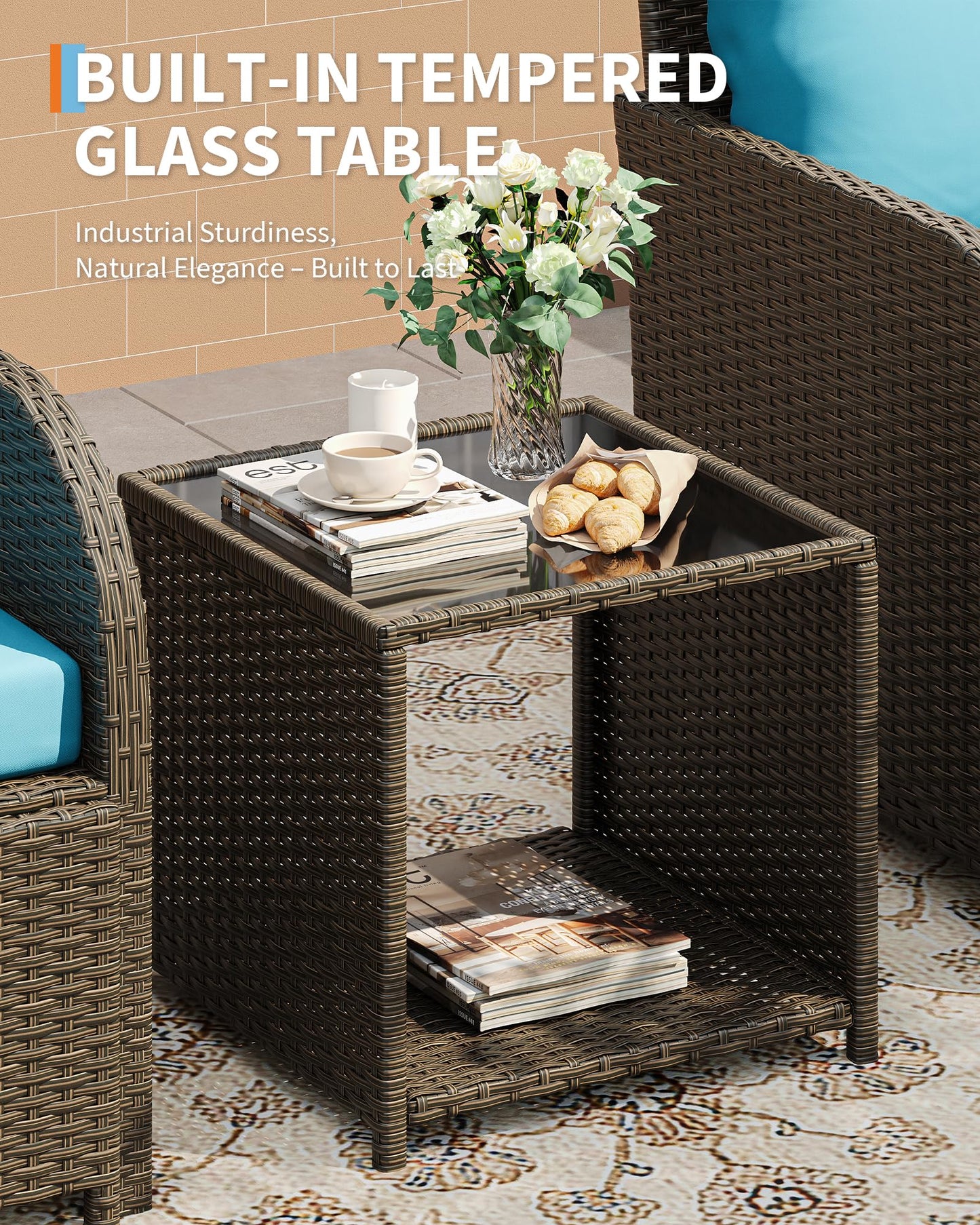 Garvee Patio Furniture Set, 5-Piece PE Rattan Wicker Outdoor Seating Set with Ottomans and Glass Tabletop, All-Weather Conversation Furniture for Garden Balcony