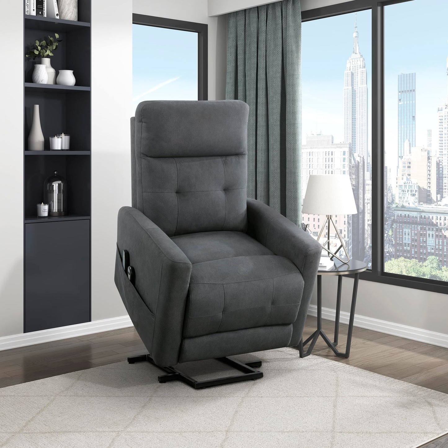 Lexicon Power Lift Recliner with Heat and Massage for Adults Elderly Ergonomic, Textured Microfiber Tufted Lounge Chair Classic Single Sofa Recliner with Side Pockets, Home Theater Seating, Dark Gray