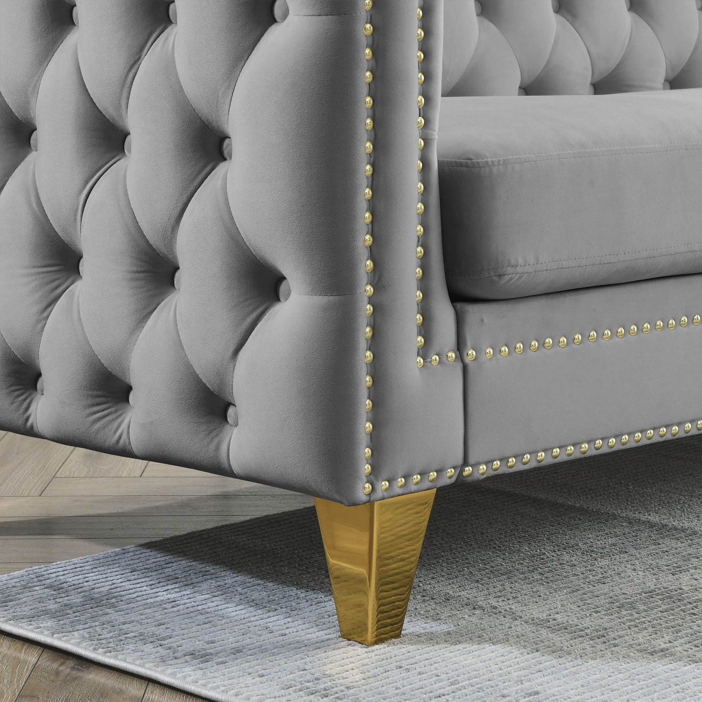 KEIKI 82.2" Tufted Velvet Corner Sofa, 5 Seat L-Shaped Sectional Couch for Living Room, Buttons Tufted Square Arm Couch for Home Apartment, Gray