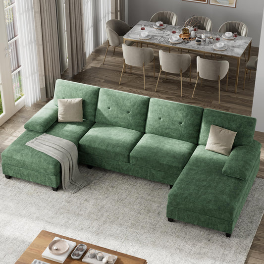 Shintenchi U-Shaped Sectional Couches for Living Room, 4 Seat Sofa with Double Chaise Lounges,Solid Wood Frame Sectional Sofa for Apartment,Green