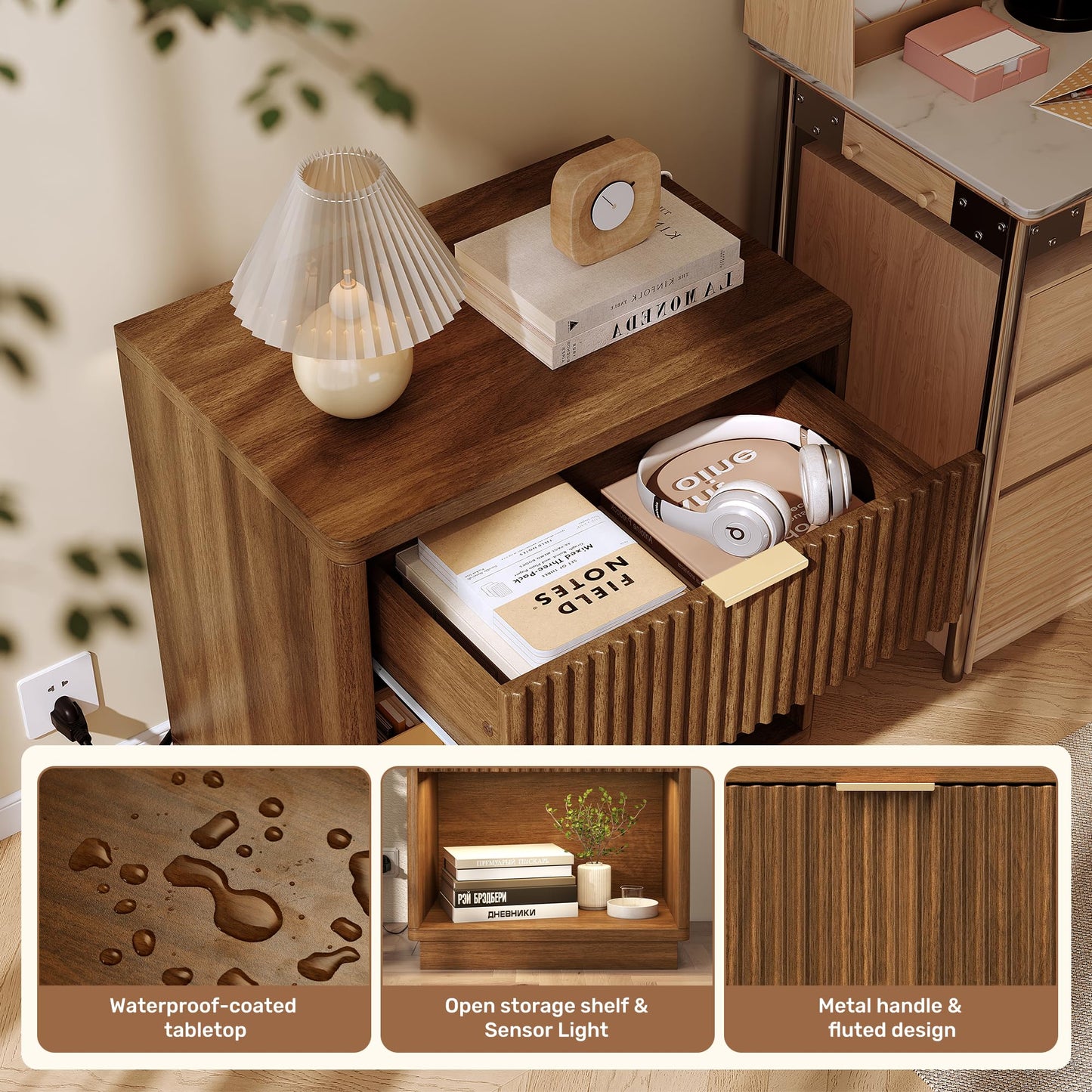 Miereirl Fluted Nightstand with Charging Station, Vintage Modern Night Stands Storage Cabinet Wooden Bedside Table with Metal Handle Drawers, Walnut Oak