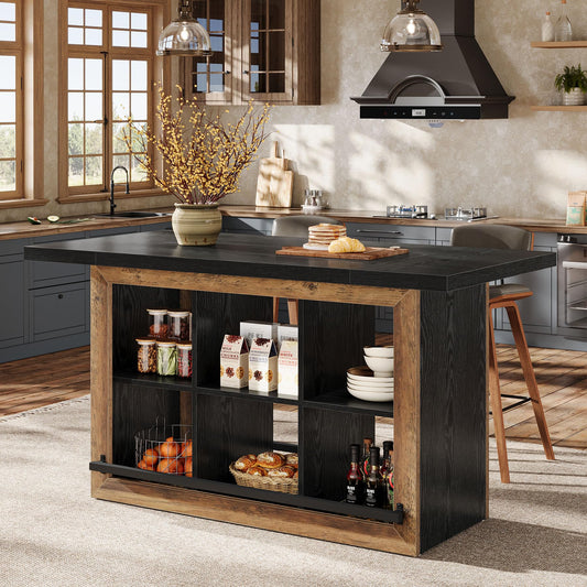 Tribesigns Kitchen Island with Storage, Farmhouse Island Bar, Black&Brown