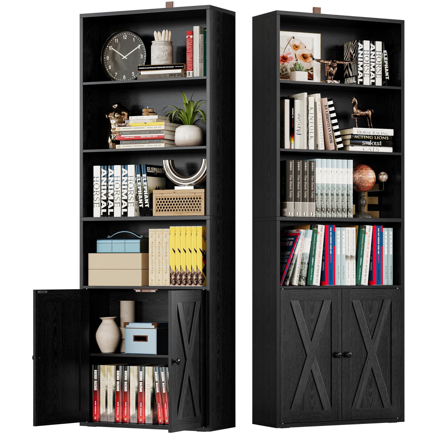 IRONCK Industrial Bookshelves and Bookcases with Doors Set of 2 Floor Standing 6 Shelf Display Storage Shelves 70 in Tall Bookcase for Home Office, Living Room